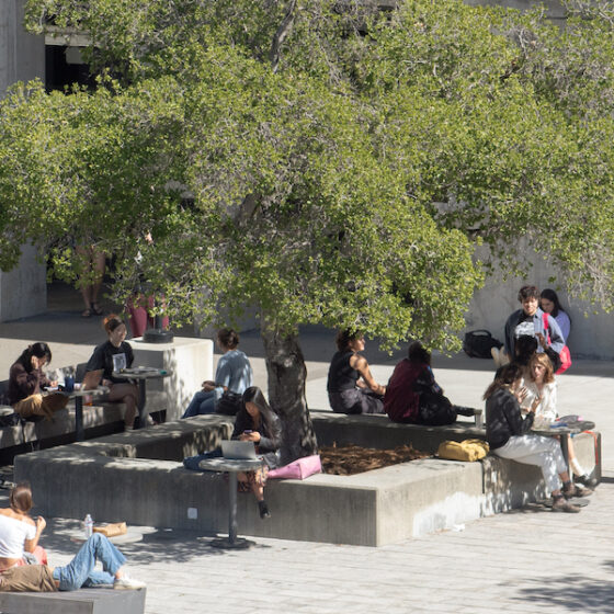 View of plaza in front of Bauer Wurster Hall with students